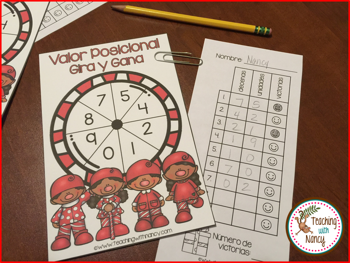 Spanish Christmas Place Value Spin and Win
