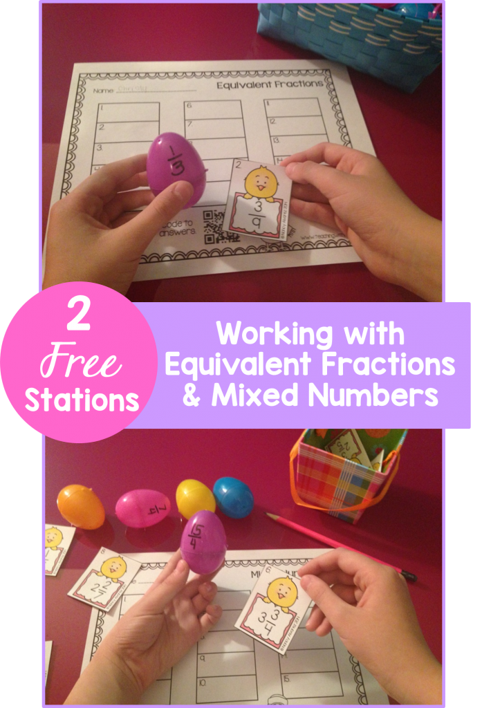 Free Spring Chick Fractions Stations Working with Equivalent Fractions and Mixed Numbers